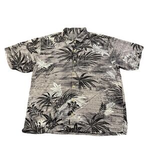 Tommy Bahama Silk Hawaiian Button Shirt Men's XL Black Gray Palm Leaf Tropical